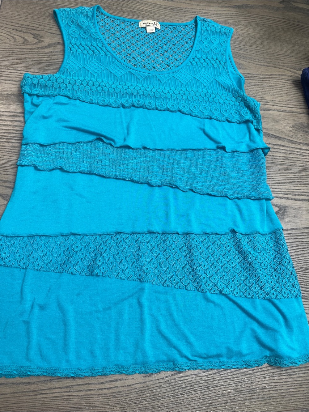 ONE WORLD Turquoise Crochet Tiered Sleeveless Top